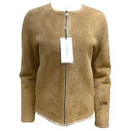 Autre Marque-Fleurette Tan and Ivory Reversible Suede and Shearling Full Zip Jacket-Camel