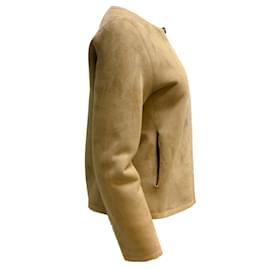 Autre Marque-Fleurette Tan and Ivory Reversible Suede and Shearling Full Zip Jacket-Camel