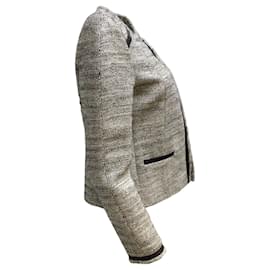 Gerard Darel-GERARD DAREL Black / Ivory Perforated Leather Trim Woven Tweed Blazer-Black