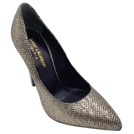 Saint Laurent-Saint Laurent Sáhara Negro / Zapatos de salón con estampado de serpiente y punta en punta metalizados dorados-Dorado