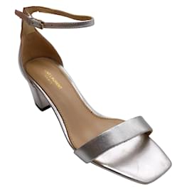 Saint Laurent-Saint Laurent Silver Metallic Block Heel Leather Sandals-Silvery