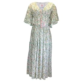 Autre Marque-Gul Hurgel White / Green Multi Belted Floral Printed Linen Midi Dress-Multiple colors