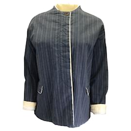 Autre Marque-Hannoh Wessel Navy Blue / Ivory Pinstriped Cotton Jacket-Blue