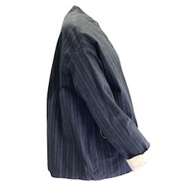 Autre Marque-Hannoh Wessel Bleu Marine / Veste en coton à fines rayures ivoire-Bleu