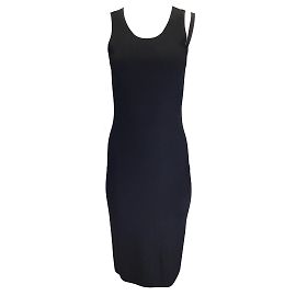 Helmut Lang – Schwarzes, ärmelloses, geripptes Fallschirm-Midikleid aus Strick Schwarz