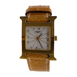 Hermès-Hermes 2004 Tan / Gold Plated Crocodile Skin Leather 21mm Heure H Watch-Camel