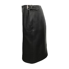 Hermès-Hermès Dark Brown Buckle Leather Skirt-Black