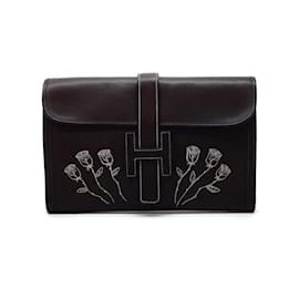 Hermès-Hermès Jige Floral Detail Dark Brown Leather Clutch-Brown