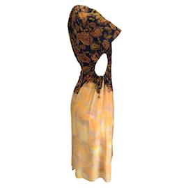 Autre Marque-Roch Black / Abito midi in seta arricciata a maniche corte con stampa Paisley color oro-Multicolore