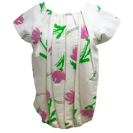 Rosie Assoulin weiß / Rosa / Kurze, plissierte Bluse mit grünem Tulpenblumenmuster Weiß