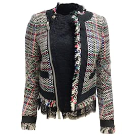 Sacai-Schwarz-weiße Tweed-Jacke mit durchgehendem Reißverschluss und Spitzenbesatz von Sacai-Mehrfarben