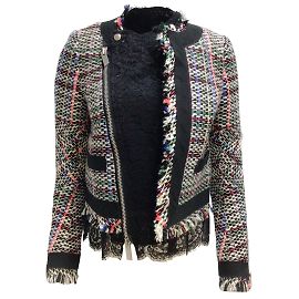 Sacai - Giacca in tweed con zip intera e pizzo multiplo in bianco e nero Multicolore