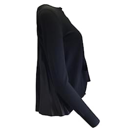 Sacai-Sacai Black Pleated Satin Detail Long Sleeved Button-down Wool Knit Cardigan Sweater-Black