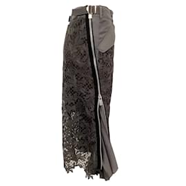 Sacai-Sacai Grey Lace and Techno Asymmetric Zipper Midi Skirt-Grey