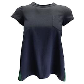 Sacai-Sacai Navy Blue / Green Polka Dotted Short Sleeved Cotton and Satin Top-Blue