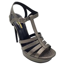 Saint Laurent-Saint Laurent Bianca 105 Gris Pewter T-Strap Platform Sandals-Metallic
