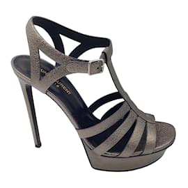 Saint Laurent-Saint Laurent Bianca 105 Gris Pewter T-Strap Platform Sandals-Metallic