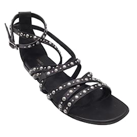 Saint Laurent-Saint Laurent black / Silver Studded Flat Leather Gladiator Sandals-Black