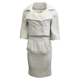 Chanel-Chanel Robe à oeillets gris et blanc avec veste-Gris