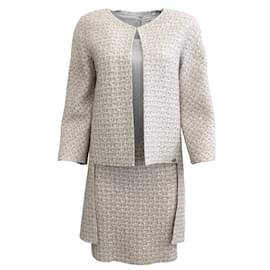 Chanel-Abito Chanel in seta grigia e tweed con giacca-Grigio