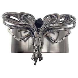 Chanel-Chanel Gunmetal Crystal Embellished Dragonfly Pendant Cc Logo Wide Cuff Bracelet-Other