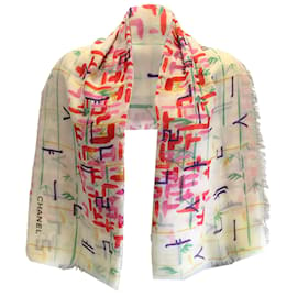 Chanel-Chanel Ivory / pink / Red Multi Printed Large Cashmere and Cotton Scarf-Multiple colors