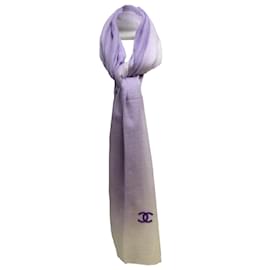 Chanel-Chanel Lavender / White Sequined Cc Logo Fringed Trim Ombre-effect Cashmere and Silk Scarf/wrap-Purple