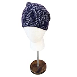 Chanel-Chanel navy blue / white / Black Silver Metallic Detail Cc Logo Knit Embroidered Cashmere Knit Beanie Hat-Blue