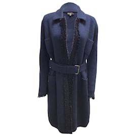 Chanel-Casaco camisola manga longa Chanel azul marinho Gabrielle Coco patch com cinto cashmere malha-Azul