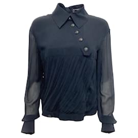 Chanel-Blusa plissada assimétrica de seda azul marinho Chanel-Azul marinho