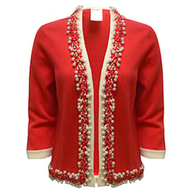 Chanel-Chanel Perlenverzierter, geflochtener, langärmliger Kaschmir-Strick-Cardigan in Mohnrot / Elfenbeinfarbener Pullover-Rot