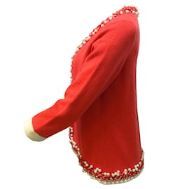 Chanel-Cárdigan de punto de cachemir de manga larga con ribete trenzado adornado con perlas de Chanel Rojo amapola / Jersey Marfil-Roja