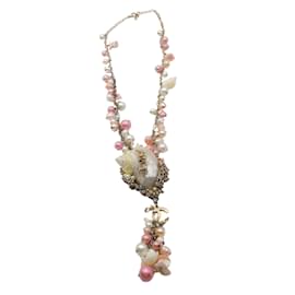 Chanel-Chanel Pink / Ecru Cc Logo Seashell Pendant Crystal Embellished Imitation Pearl Long Necklace-Pink