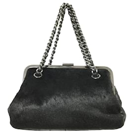Chanel-Chanel Pony And Leather Frame Black Calf Hair Clutch-Black