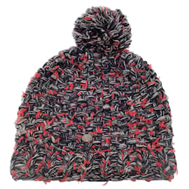 Chanel-Chanel rojo / gris / Gorro negro con pompones de punto grueso de seda y cachemira tejida / sombrero-Multicolor