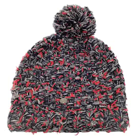 Chanel-Chanel rosso / grigio / Berretto con pom pom in maglia grossa di seta e cashmere intrecciato nero / cappello-Multicolore