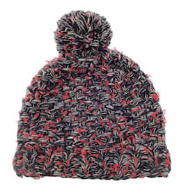 Chanel-Chanel vermelho / cinzento / Gorro de cashmere tecido preto e seda volumoso pom pom gorro / chapéu-Multicor