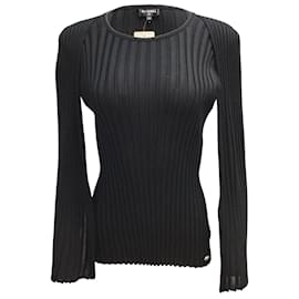 Chanel-Chanel Suéter de tricô canelado com manga preta-Preto