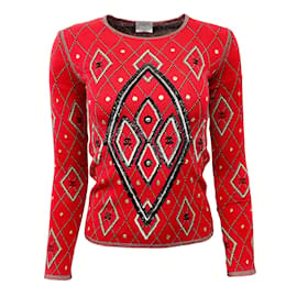 Chanel-Chanel Lantejoulas Vermelho Diamante / Cor preta / suéter branco-Vermelho
