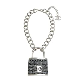 Chanel-Chanel Silver Giant Tweed Lock Necklace-Silvery
