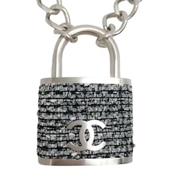 Chanel-Chanel Silver Giant Tweed Lock Necklace-Silvery
