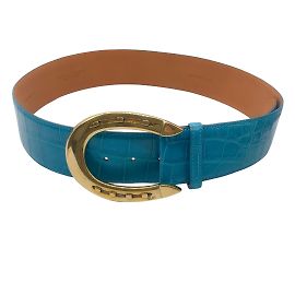 Ralph Lauren Turquesa / Cinto largo de couro de pele de crocodilo com fivela de ferradura dourada Azul