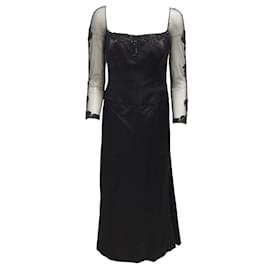 Autre Marque-Reem Acra Black Beaded Long Sleeved Illusion Mesh Satin Gown / formal dress-Black