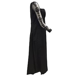 Autre Marque-Reem Acra Black Beaded Long Sleeved Illusion Mesh Satin Gown / formal dress-Black