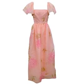 Autre Marque-Vestido florido rosa Richilene vintage manga esvoaçante com costura dourada-Rosa