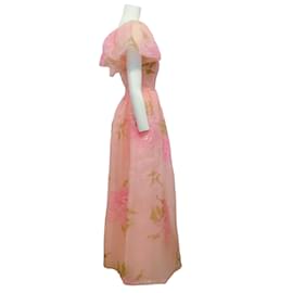 Autre Marque-Richilene Rosa Vintage-Blumenkleid mit Flatterärmeln und goldenen Nähten-Pink