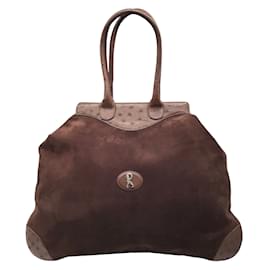 Autre Marque-Roberta di Camerino Brown Suede and Ostrich Skin Leather Double Top Handle Satchel Handbag-Brown
