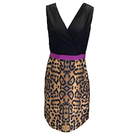 Giambattista Valli-Giambattista Valli Black / Magenta / Tan Leopard Printed Sleeveless V-Neck Cocktail Dress-Multiple colors