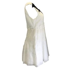 Giambattista Valli-Giambattista Valli White / Black Floral Lace Applique Sleeveless Eyelet Cotton Dress-White
