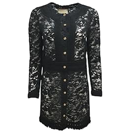 Gucci-Gucci Black / Vestido de coquetel de malha de renda com botão dourado GG manga comprida-Preto